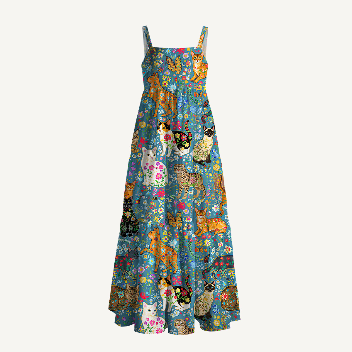 Colorful Garden Cat Pattern Print Slip Dress