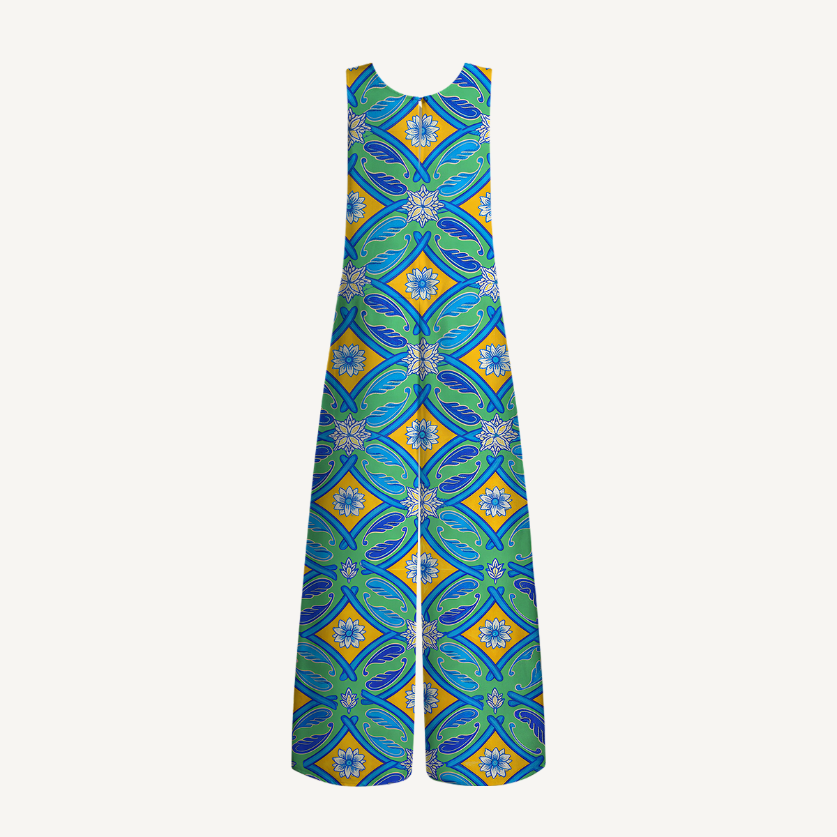 V-Neck Azure Tile Boho Jumpsuit with Pockets for Women