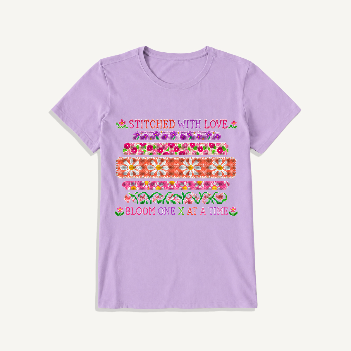 Floral Cross-Stitch Sampler Print Crew Neck Cotton Tee
