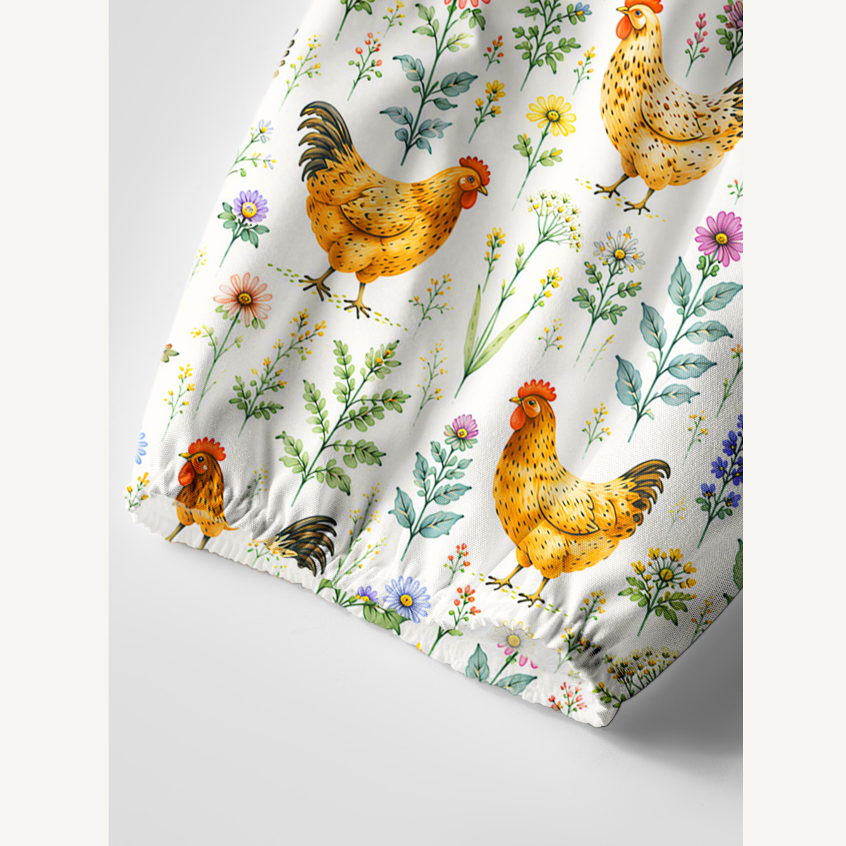 Watercolor Chickens Leaves Print Boho Tie‑Neck Smock Mini Dress