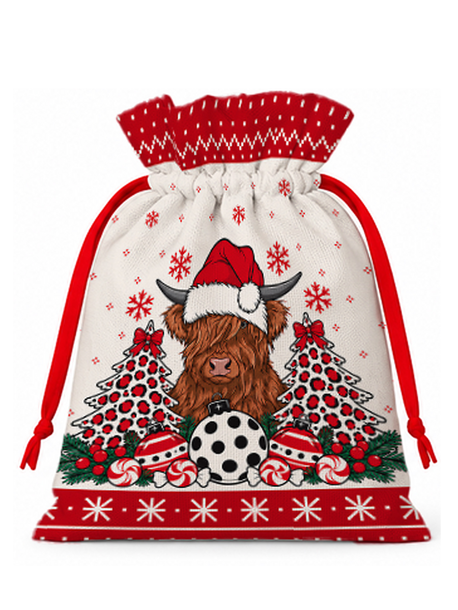Christmas Highland Cow Reusable Drawstring Gift Bag