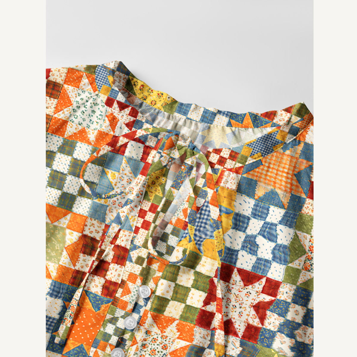 Vintage Star Quilt Patchwork Print Boho Tie‑Neck Smock Mini Dress