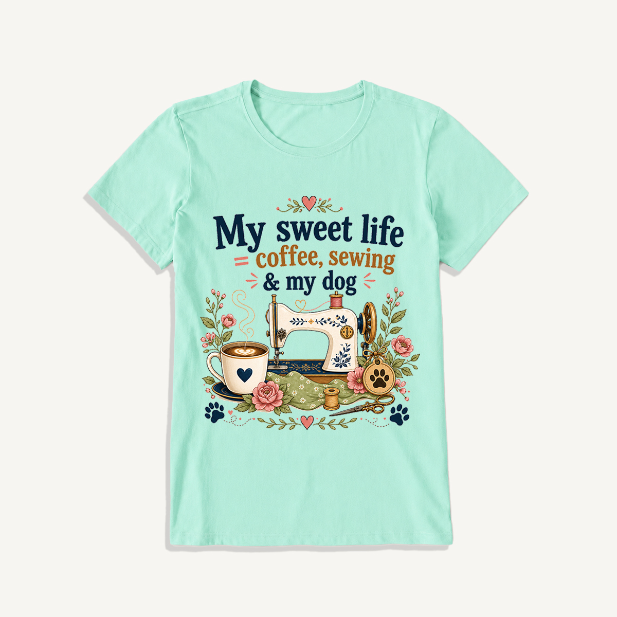 Coffee Sewing and My Dog Print Crew Neck Cotton Tee