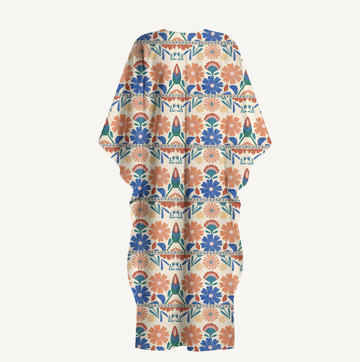  V‑Neck Bohemian Folk Floral Stripe Kimono Sleeve Kaftan Dress