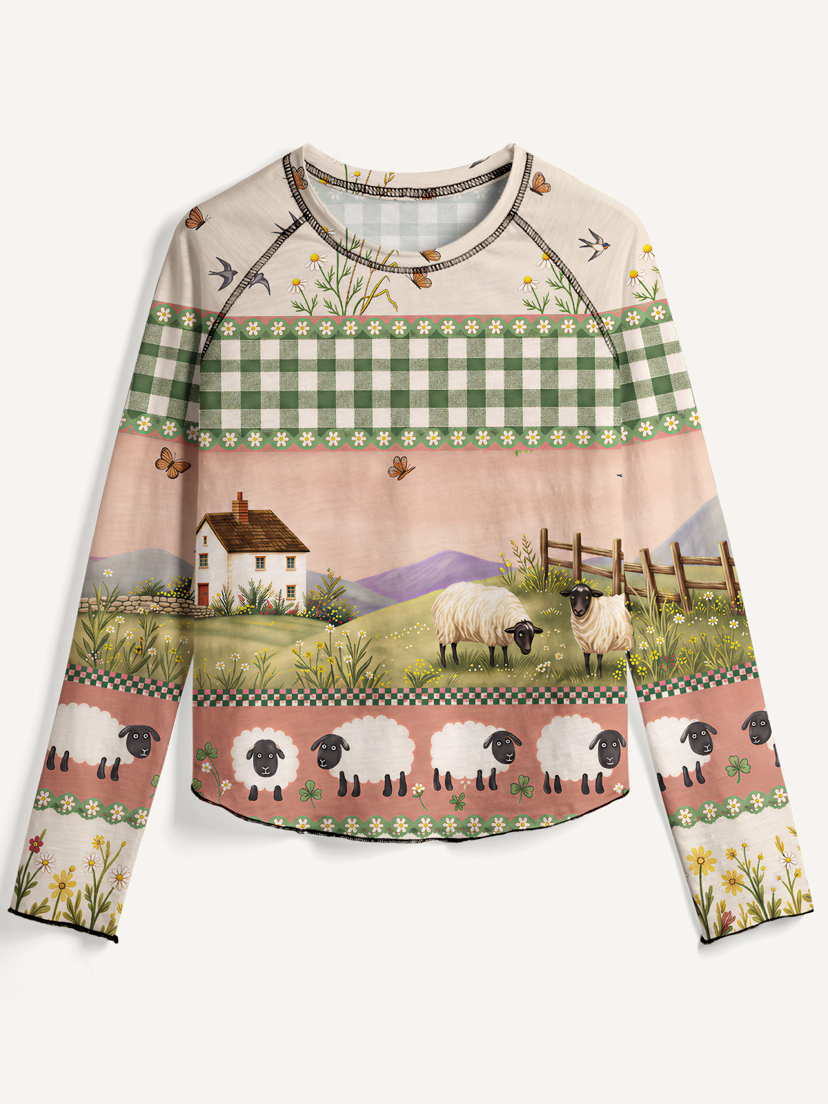 Pastoral Daydream Cottage All-Over Print Cotton Raglan Long Sleeve Top