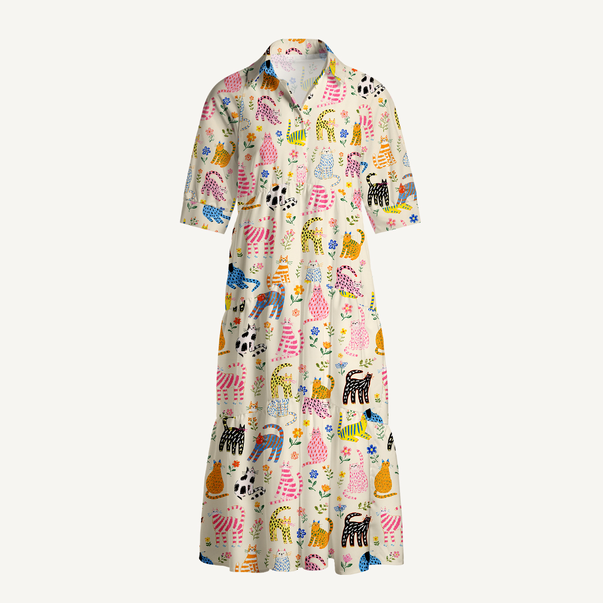 V Neck Collared Colorful Whimsical Garden Cats Pattern Print Casual Midi Dress With Pockets