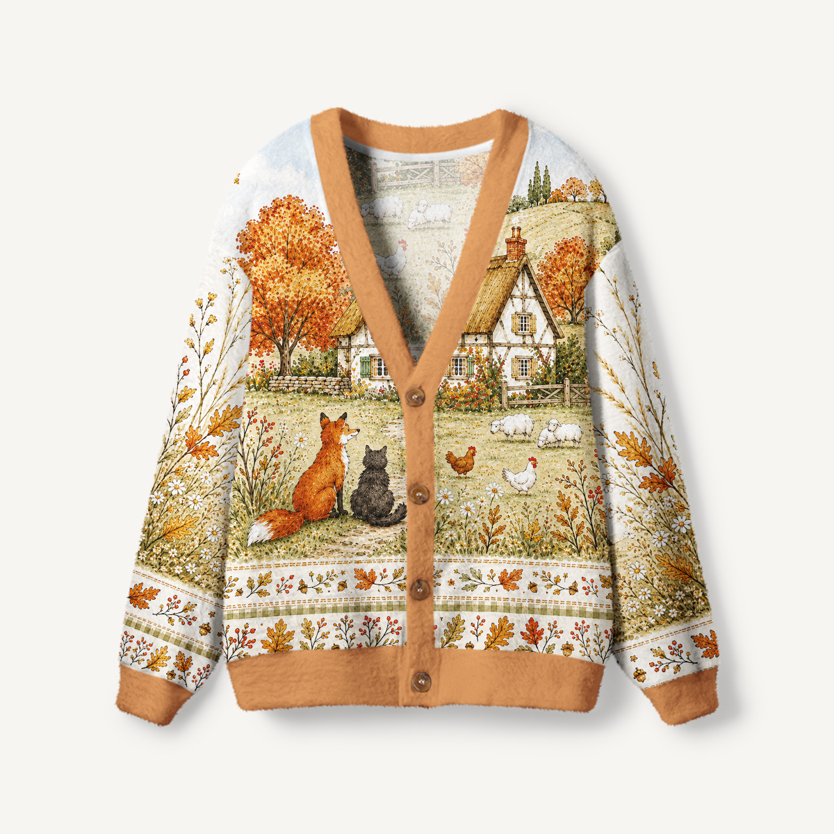 Autumn Cottage Farm Print Ugly Cardigan Sweaters