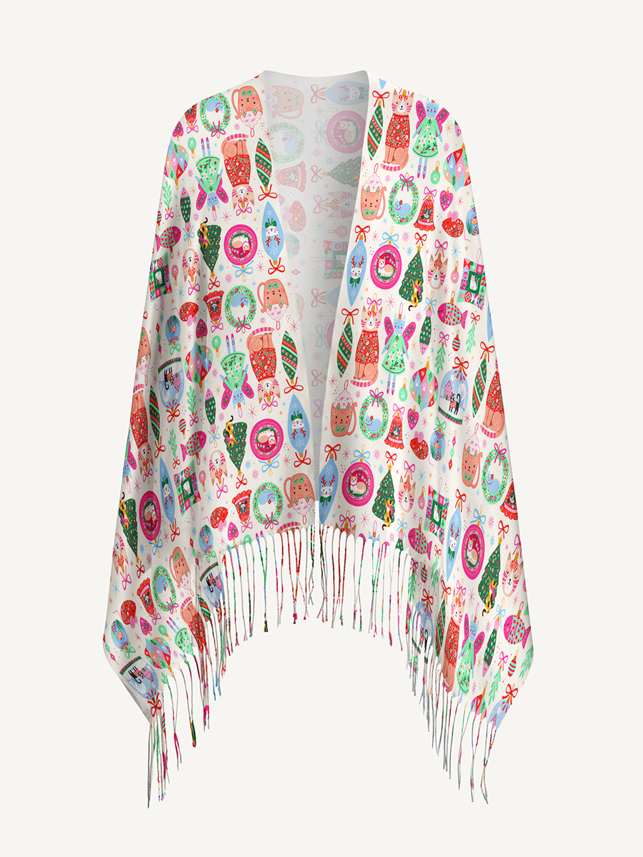 Christmas Cat Ornament Print Cozy Fringed Scarf
