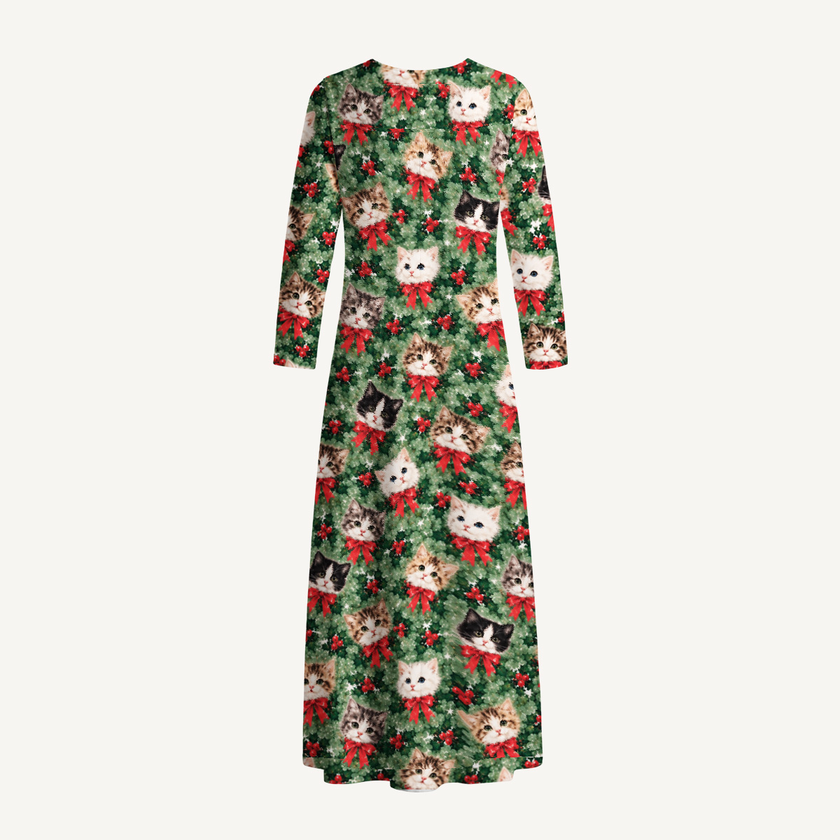 Holly Jolly Christmas Cats Print Soft-Touch Stretch Knit Long Sleeve Maxi Dress with Pockets