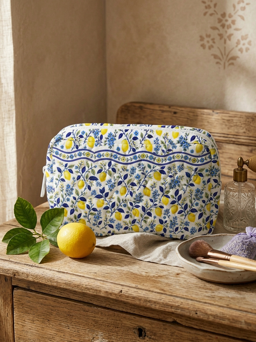 Blue Lemon Floral Print Cloud Quilted Cosmetic Pouch