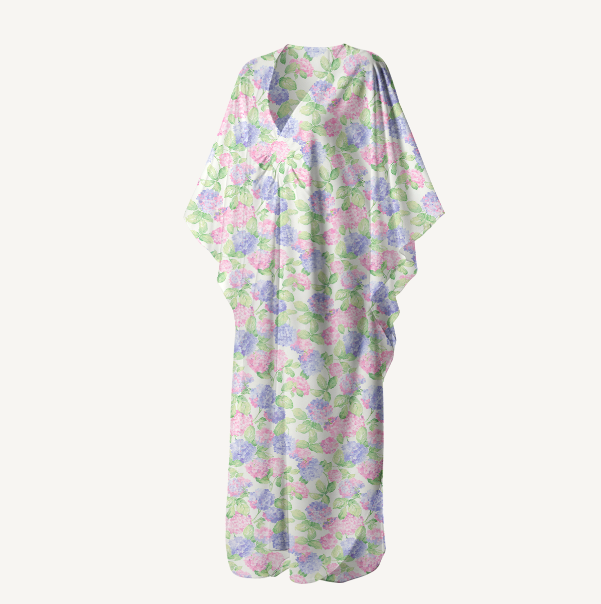  V‑Neck Lilac Hydrangea Kimono Sleeve Kaftan Dress