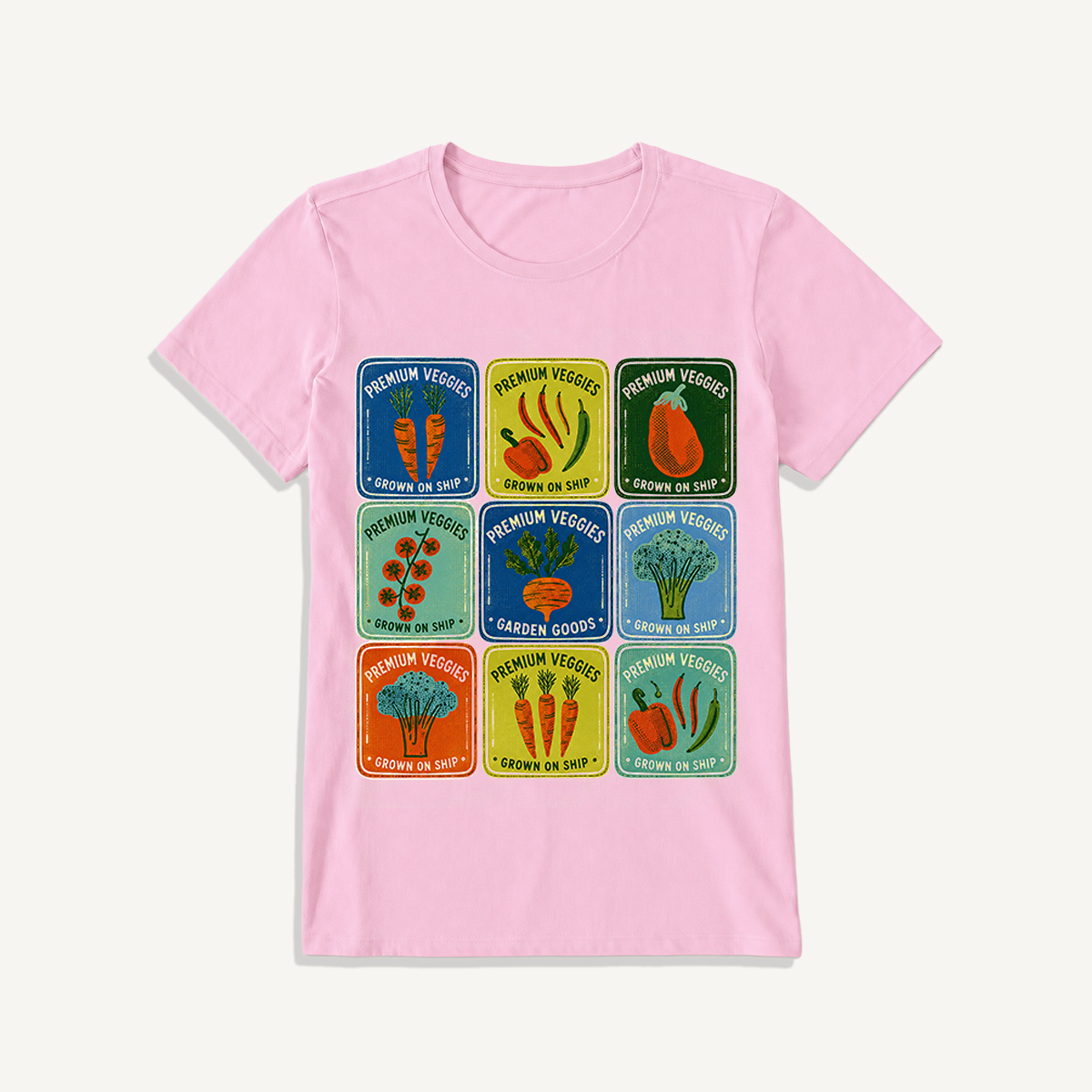 Vintage Veggie Market Print Crew Neck Cotton Tee