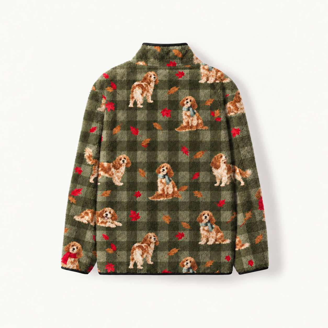 Green Plaid Dog Print Fleece Jacket