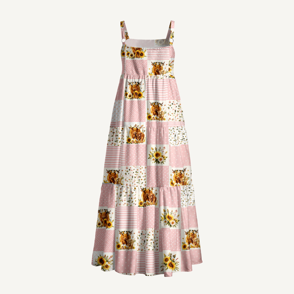  Highland Cow Floral Patchwork Print Wide Straps Maxi Dress With Pockets