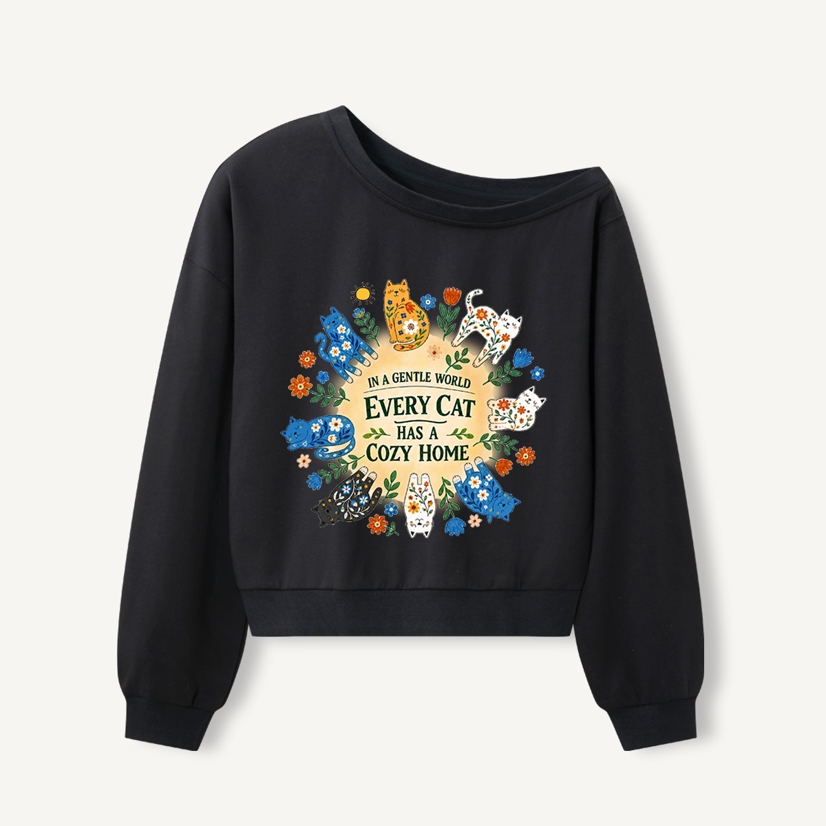 Floral Cats Cozy Home Print Off Shoulder Sweatshirts 