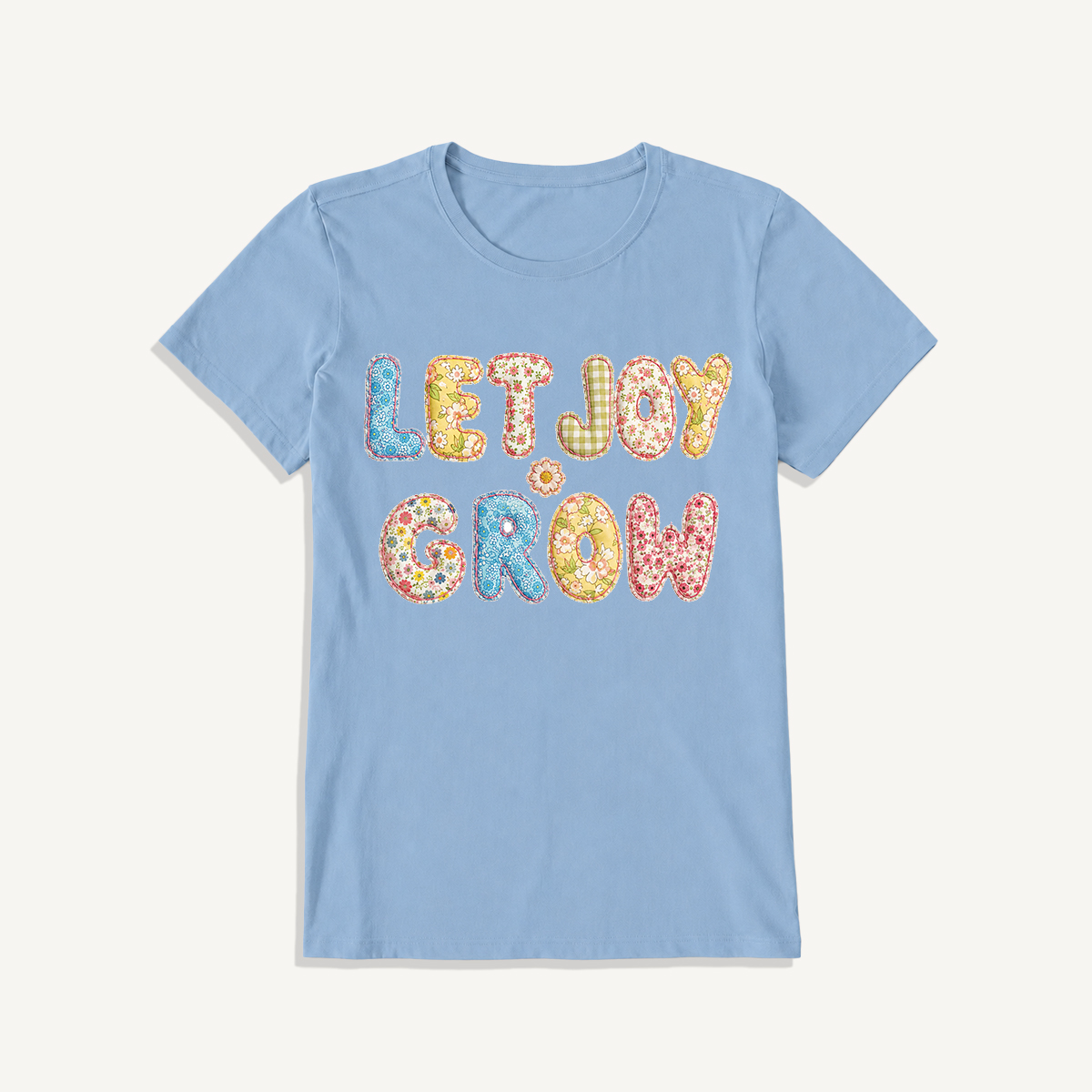 Let Joy Grow Patchwork Print Crew Neck Cotton Tee