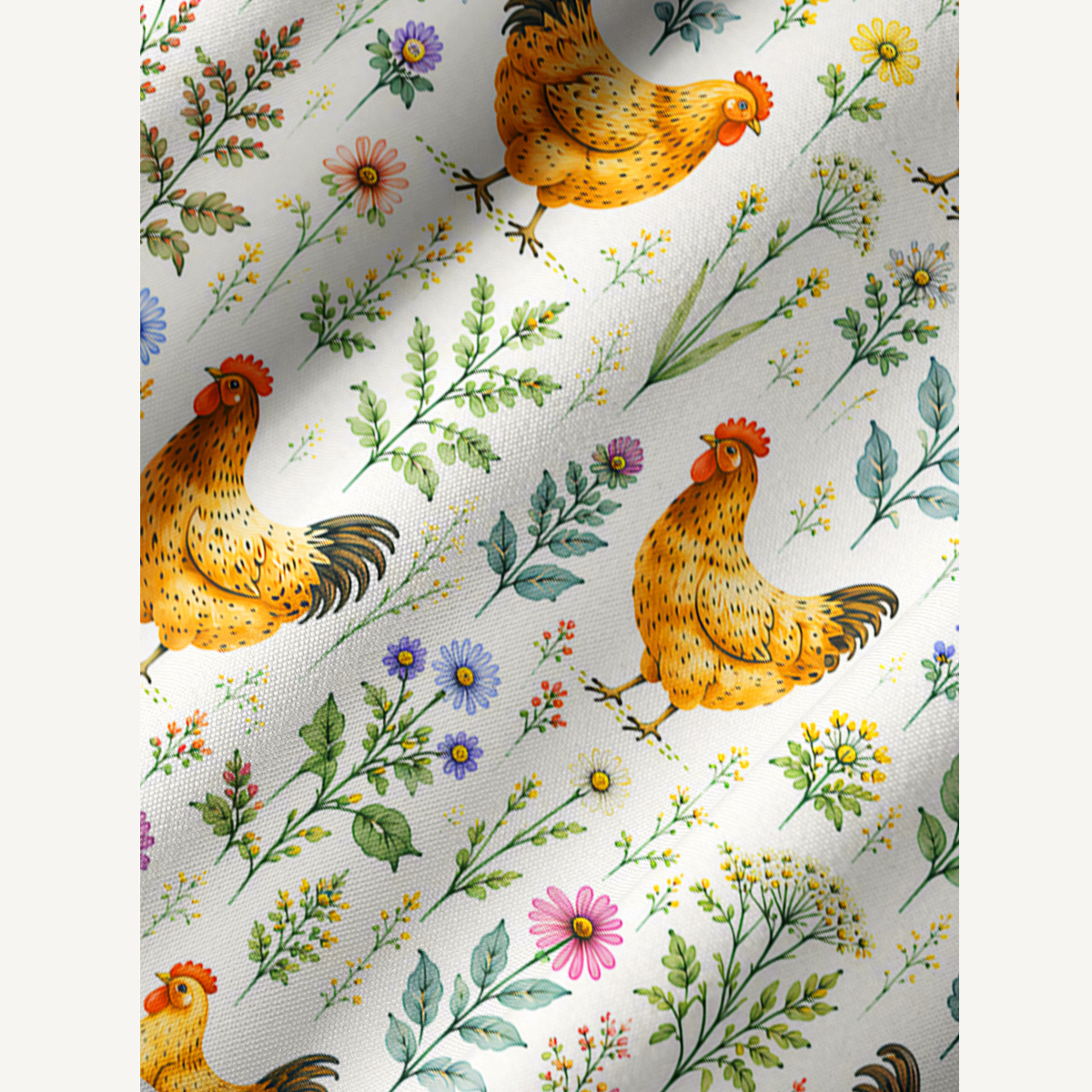 Watercolor Chickens Leaves Print Boho Tie‑Neck Smock Mini Dress