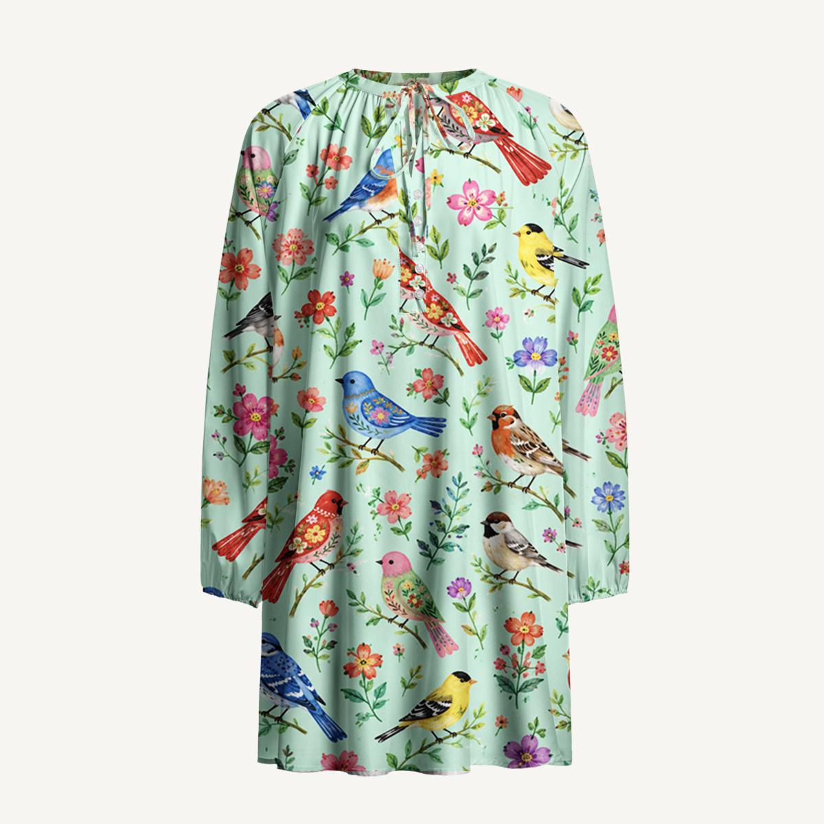 Colorful Songbird Garden Print Boho Tie‑Neck Smock Mini Dress