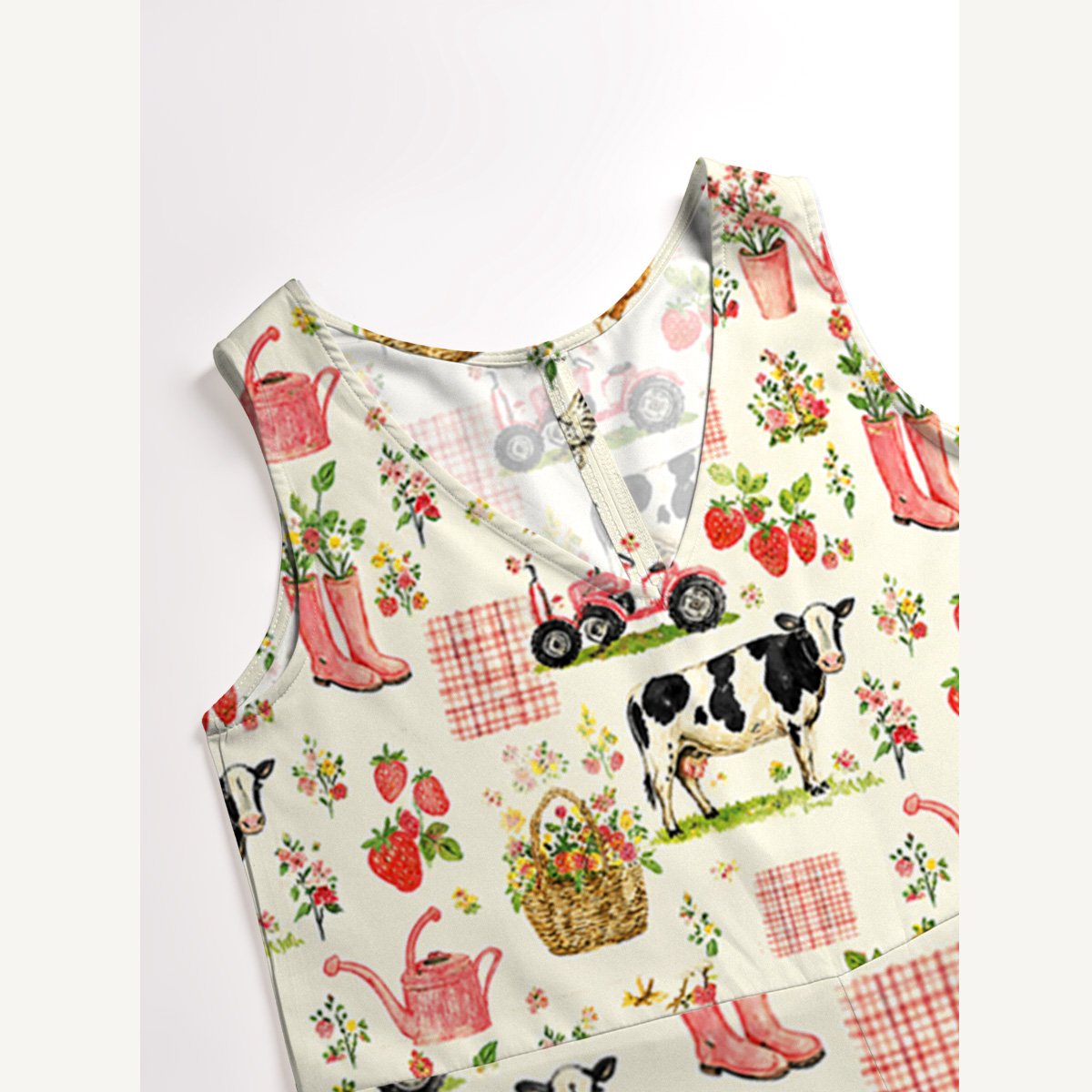 Watercolor Pink Farm Chicken Print Jumpsuit with Pockets for Women
