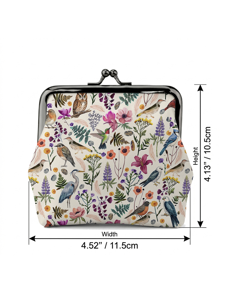 Whimsical Woodland Birds Wildflowers Print Leather Mini Clasp Purse