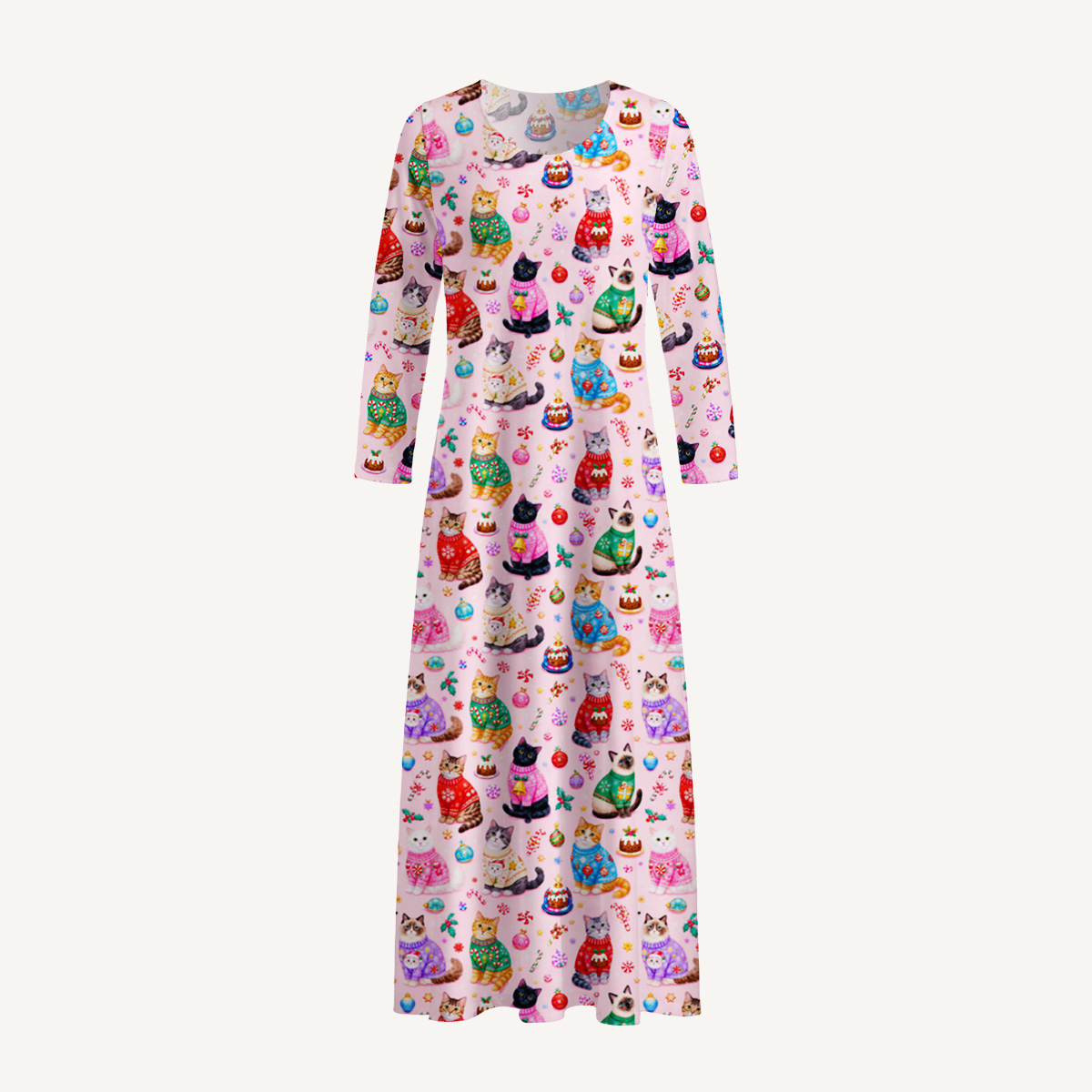 Christmas Sweater Cats Holiday Print Soft-Touch Stretch Knit Long Sleeve Maxi Dress with Pockets