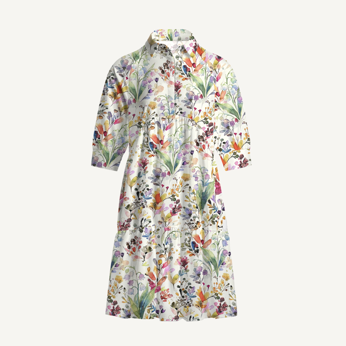 V Neck Collared Watercolor Wildflower Garden Mini Dress For Women With Pockets