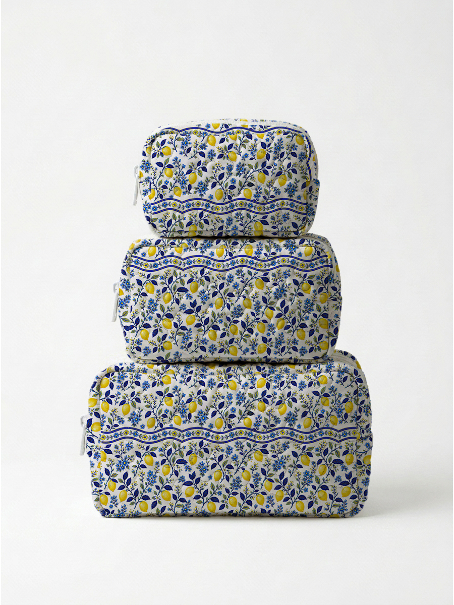 Blue Lemon Floral Print Cloud Quilted Cosmetic Pouch