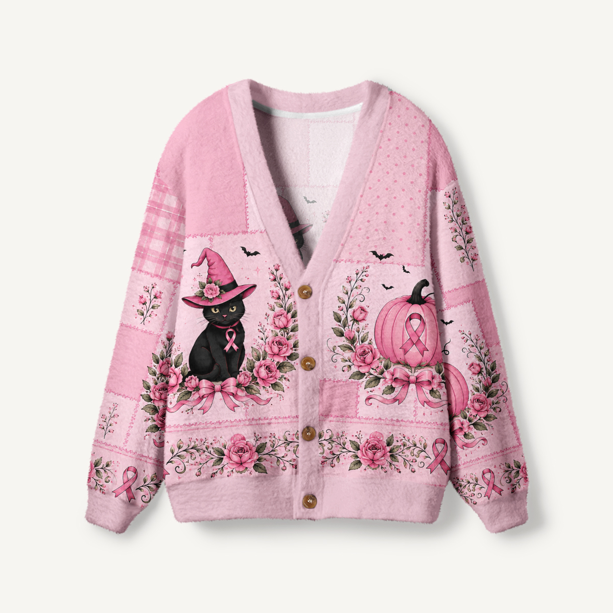 Rose Patchwork Witchy Cat Print Ugly Cardigan Sweaters