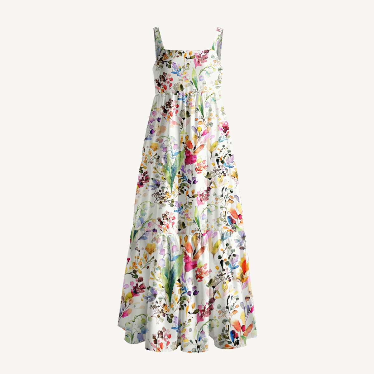 Watercolor Wildflower Garden Print Quilt Wide Straps Maxi Dress With Pockets