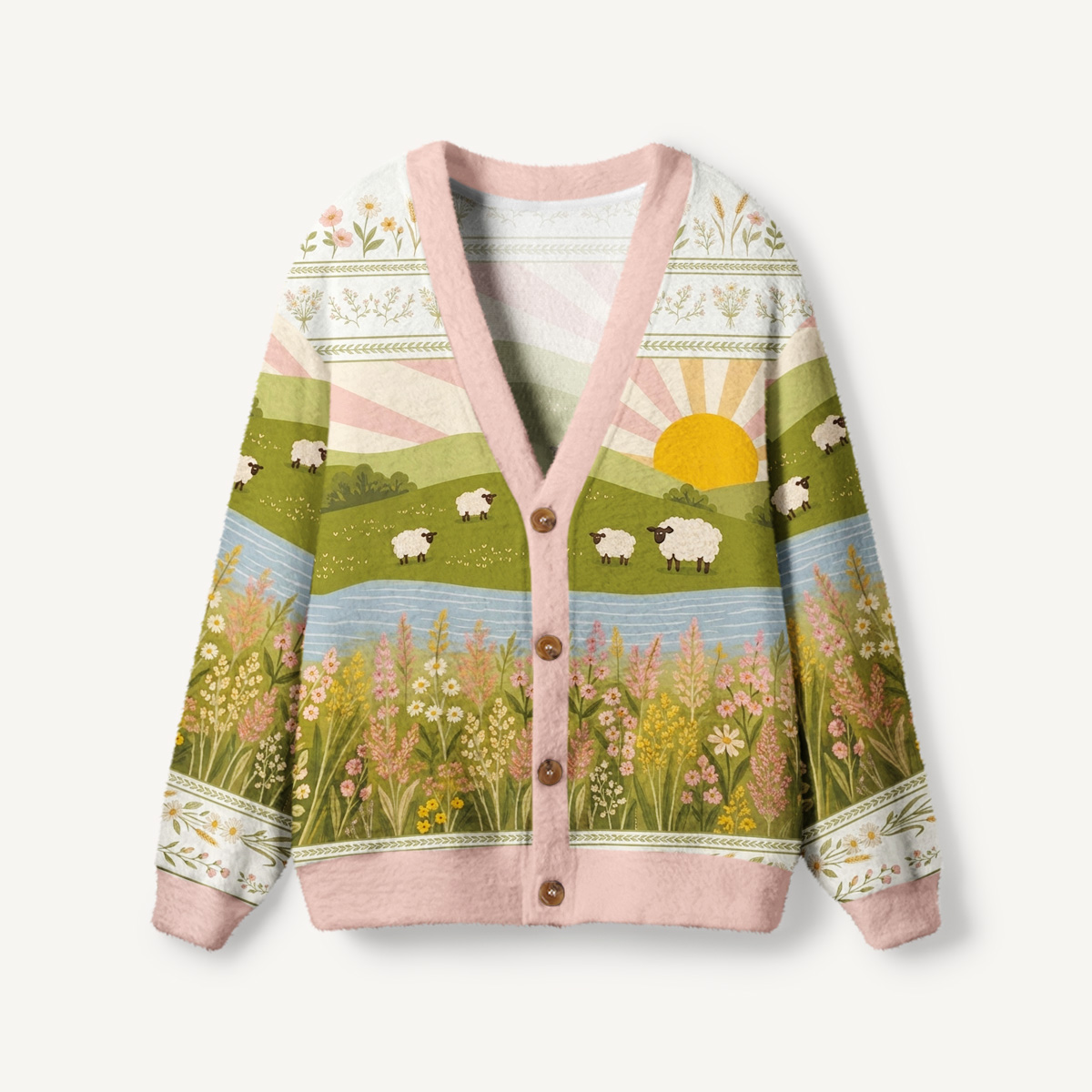 Sunrise Meadow Sheep Print Ugly Cardigan Sweaters