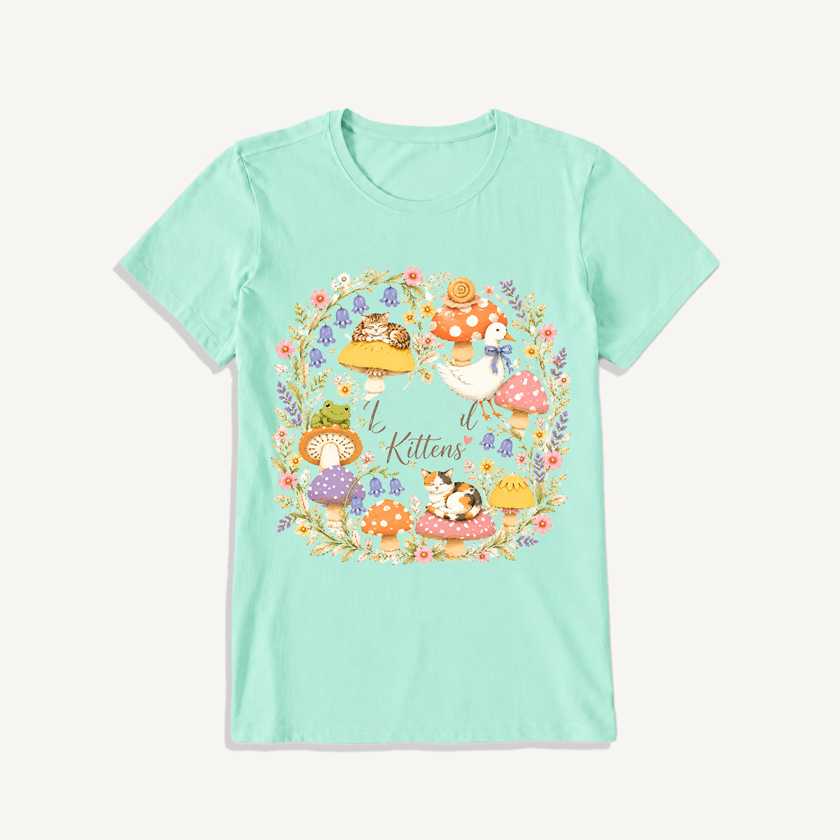 Botanical Kittens Mushroom Wreath Print Crew Neck Cotton Tee