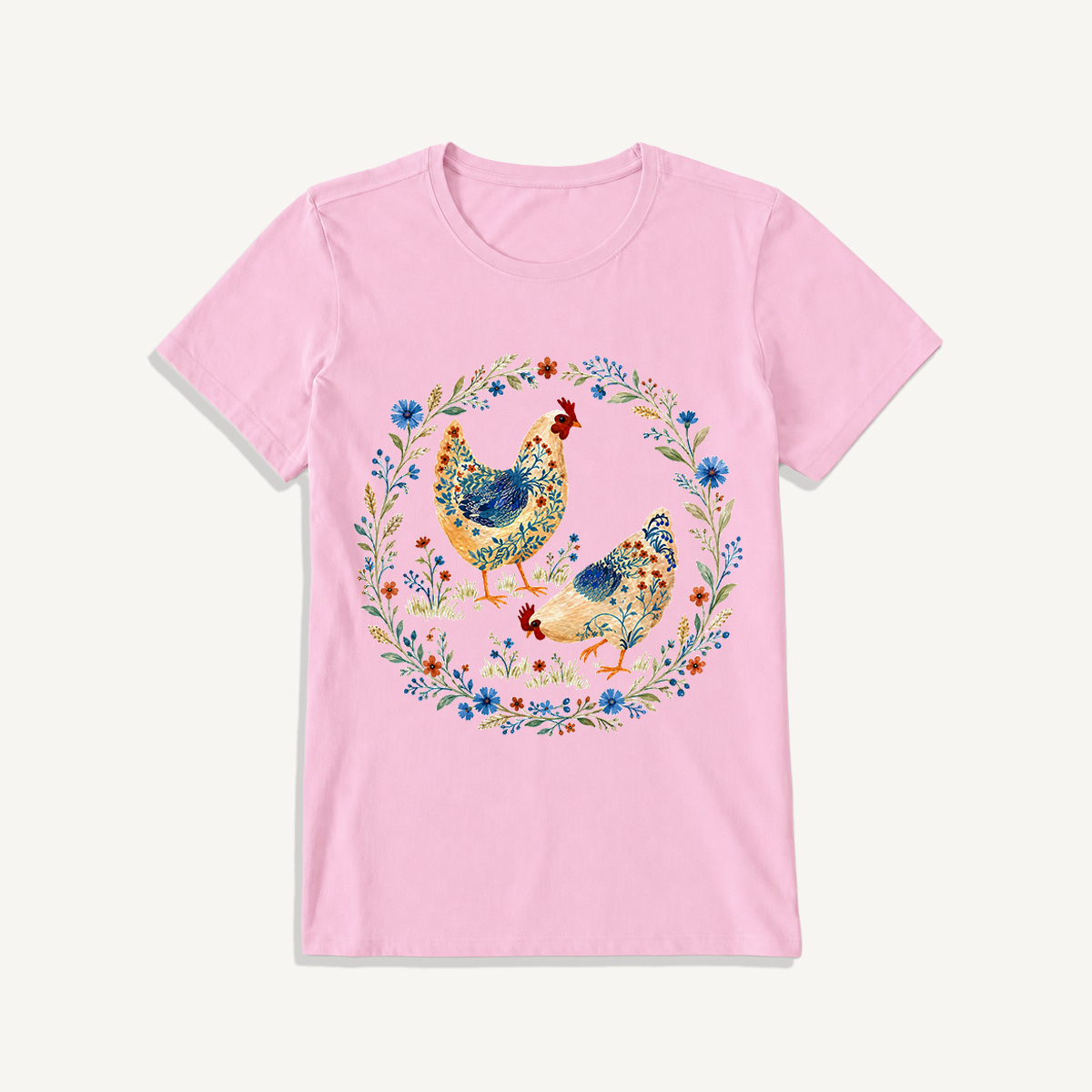 Blue Floral Hens Garden Print Crew Neck Cotton Tee