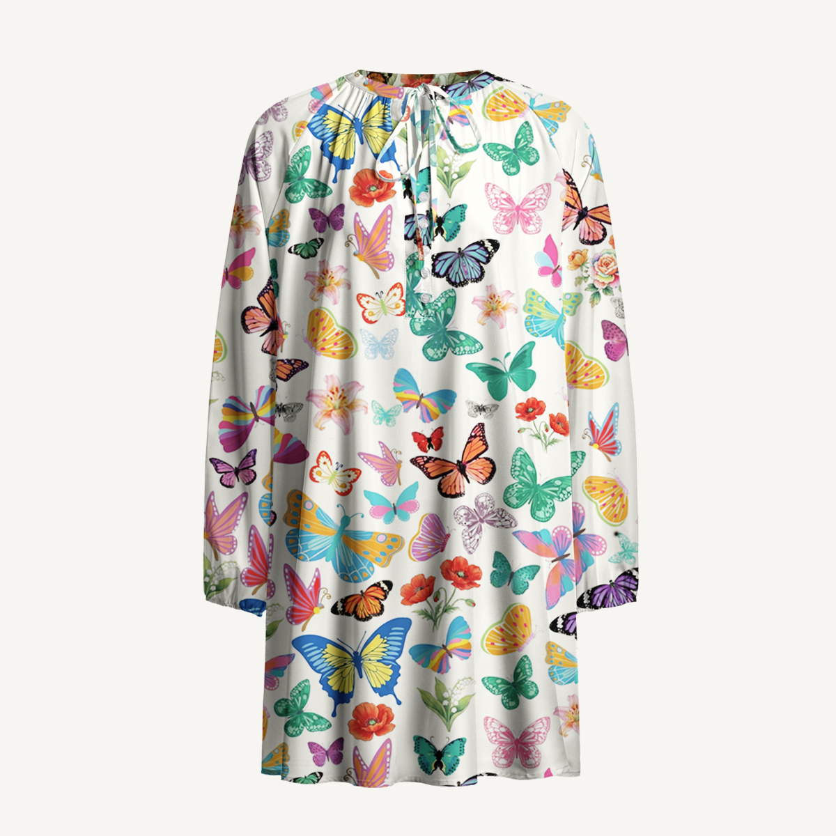 Rainbow Butterfly Garden Print Boho Tie‑Neck Smock Mini Dress