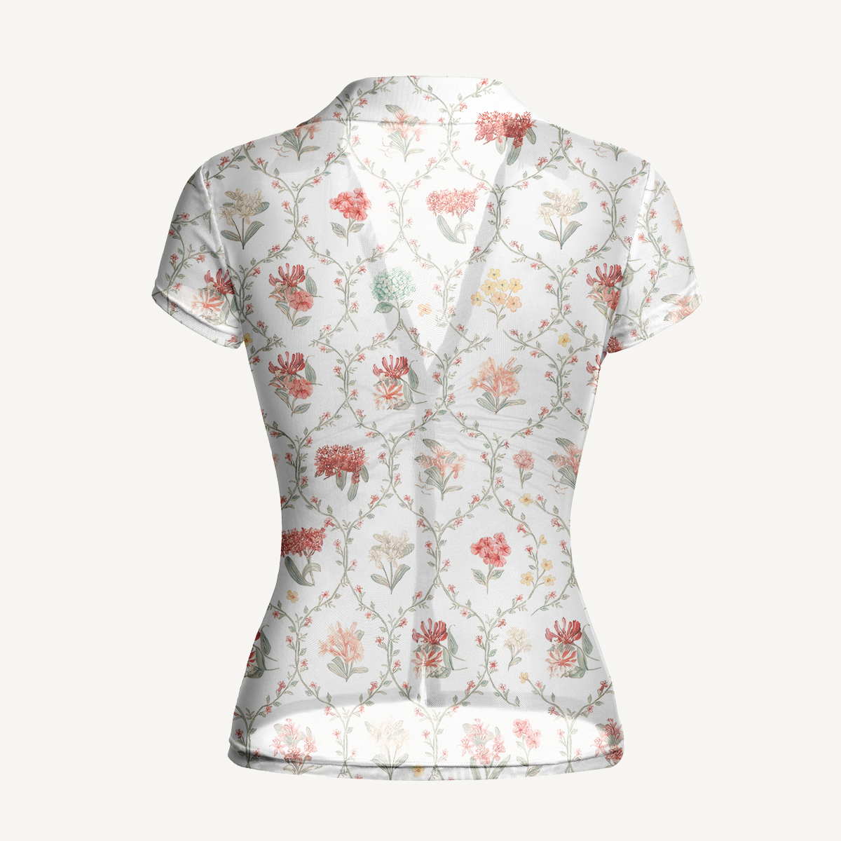 V-Neck Short Sleeve Coral Vine Print Mesh Top