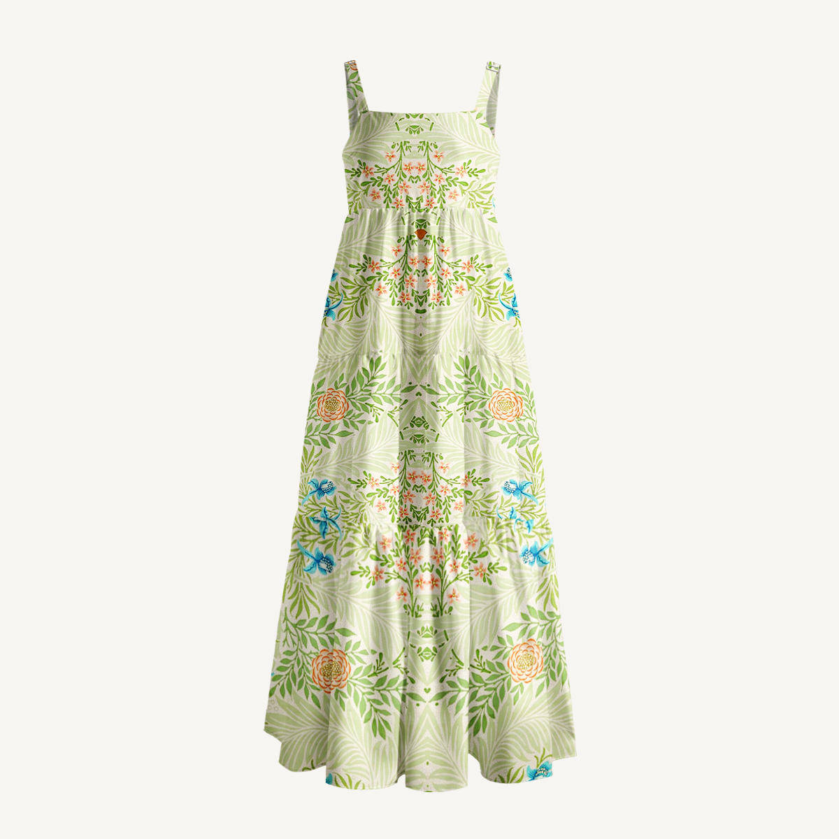 Green Foliage with Bluebirds & Peony Blossoms Print Quilt Wide Straps Maxi Dress With Pockets