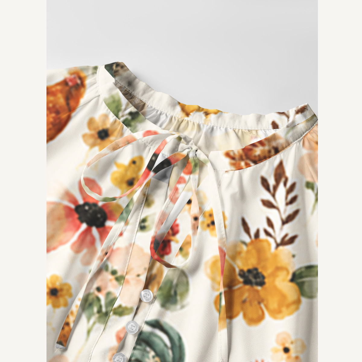 Watercolor Chicken Floral Print Boho Tie‑Neck Smock Mini Dress