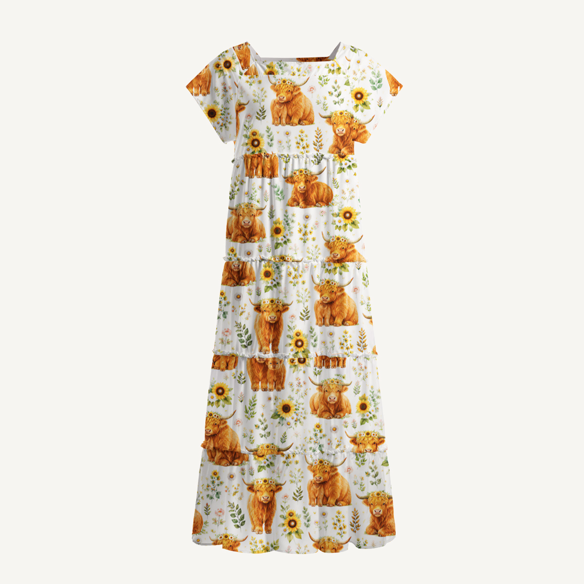 Spring Highland Cow Floral Square Neckline Cap Sleeve Maxi Dress