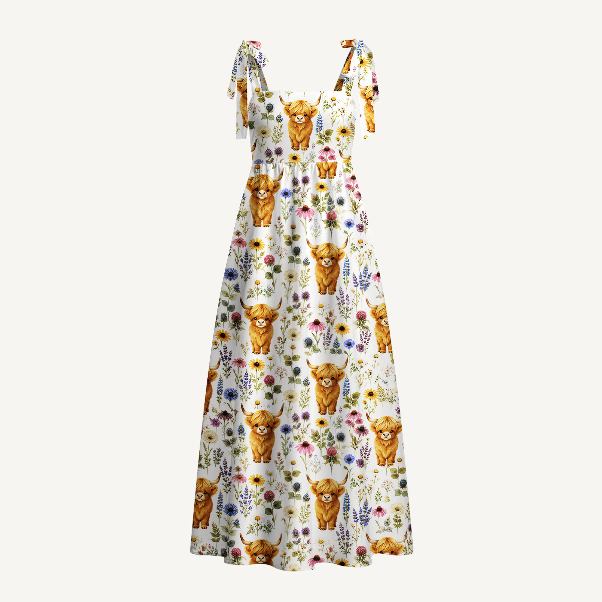  Farm Animal Boho Highland Cow Print Bow Strap Maxi Dress