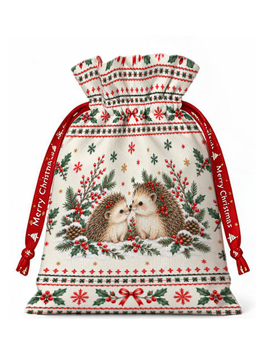 Cozy Christmas Hedgehogs Reusable Drawstring Gift Bag
