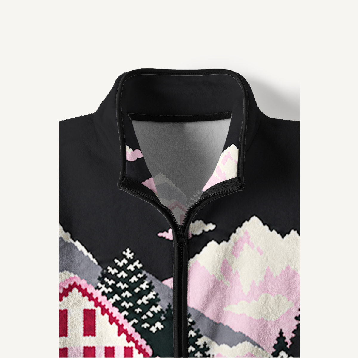 Pink Snowy Cabin Valley Print Fleece Jacket
