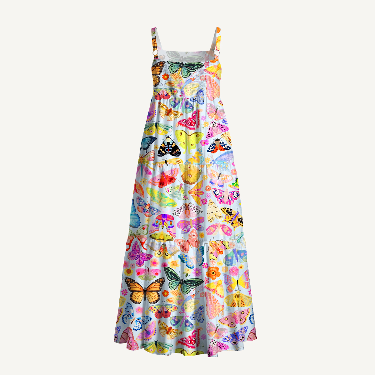 Colorful Butterfly Garden Print Wide Straps Maxi Dress With Pockets