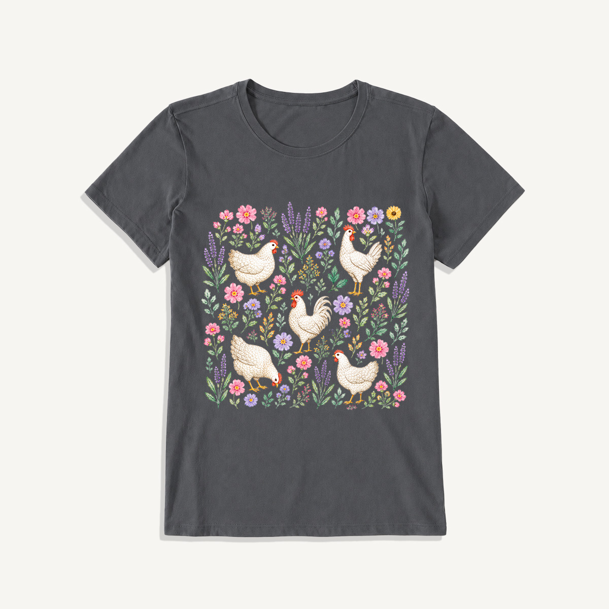 Blooming White Chicken Meadow Print Crew Neck Cotton Tee