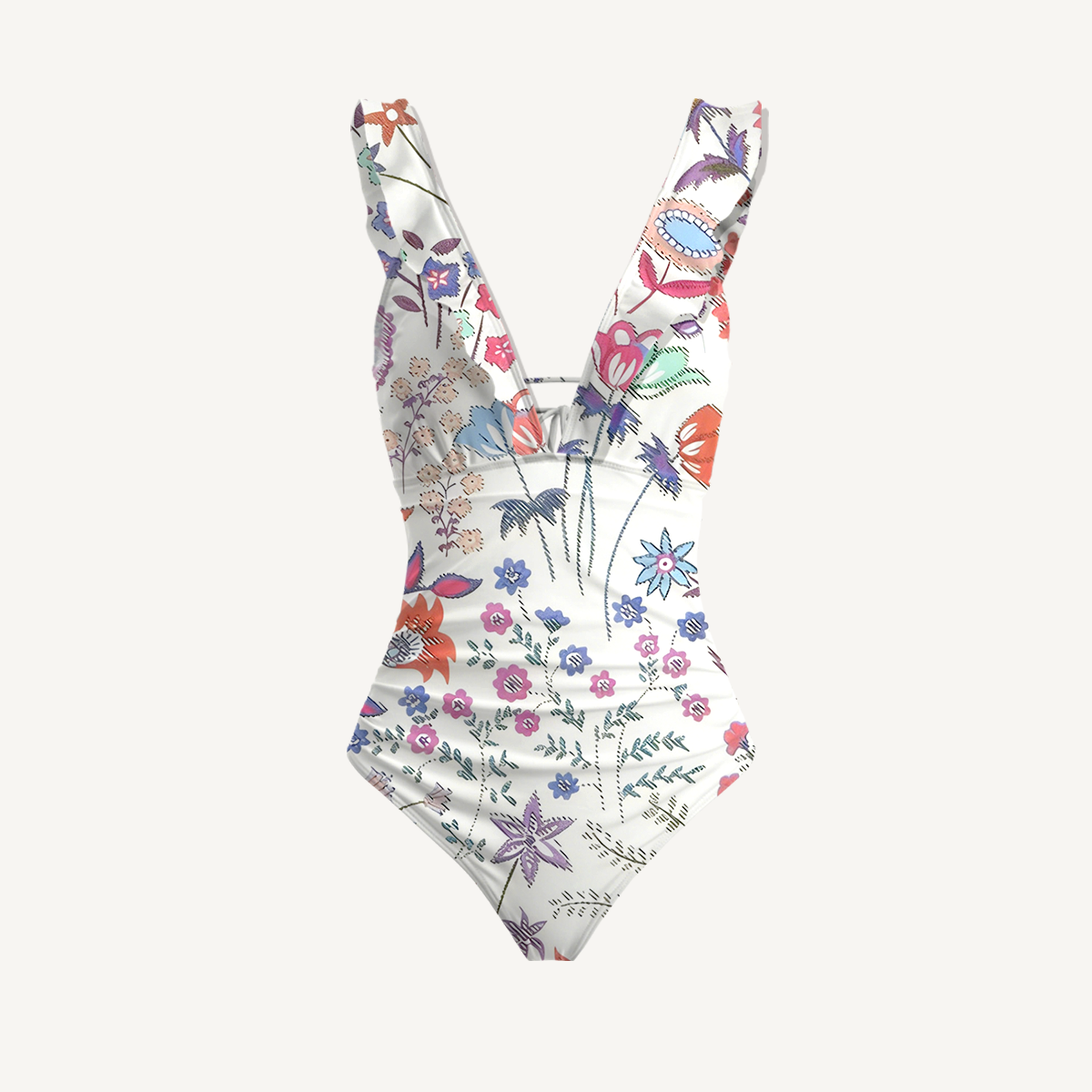 Bohemian Wildflower Garden Ruffled V Neck One Piece Swimsuit and Matching Midi Skirt Set