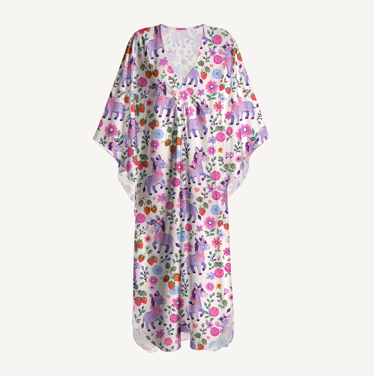 Strawberry Blossom Donkeys Kimono Sleeve Kaftan Dress
