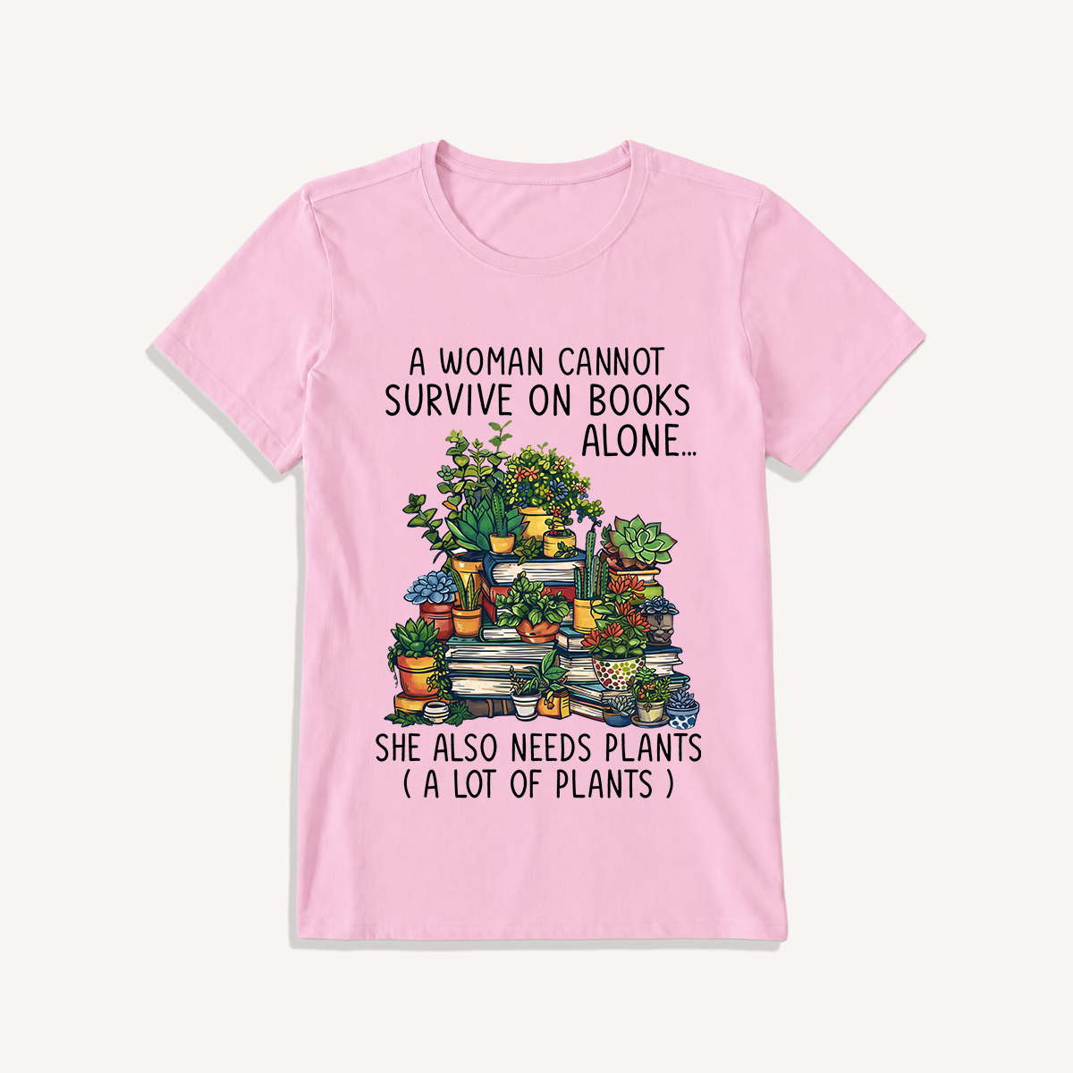 Books and Potted Plants Print Crew Neck Cotton Tee
