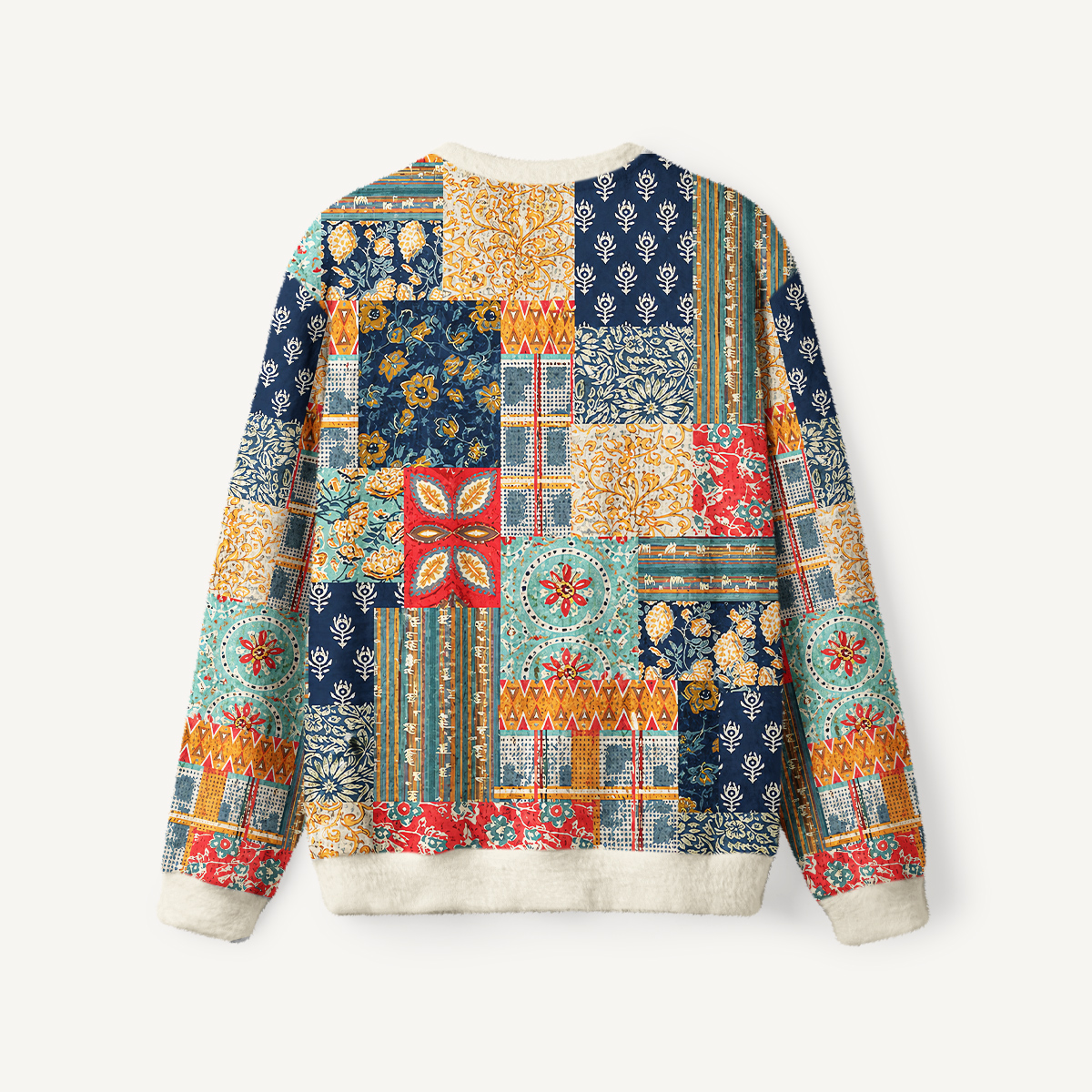 Boho Patchwork Floral & Geometric Fuzzy Crewneck Sweater