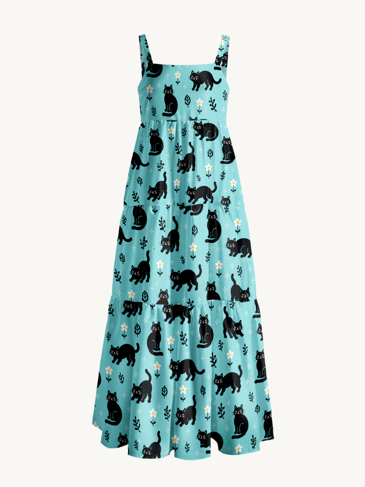 Mint Black Cat Garden Print Wide Straps Maxi Dress With Pockets
