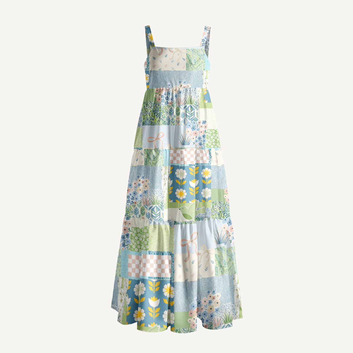 Blue Garden Quilt Print Quilt Wide Straps Maxi Dress With Pockets