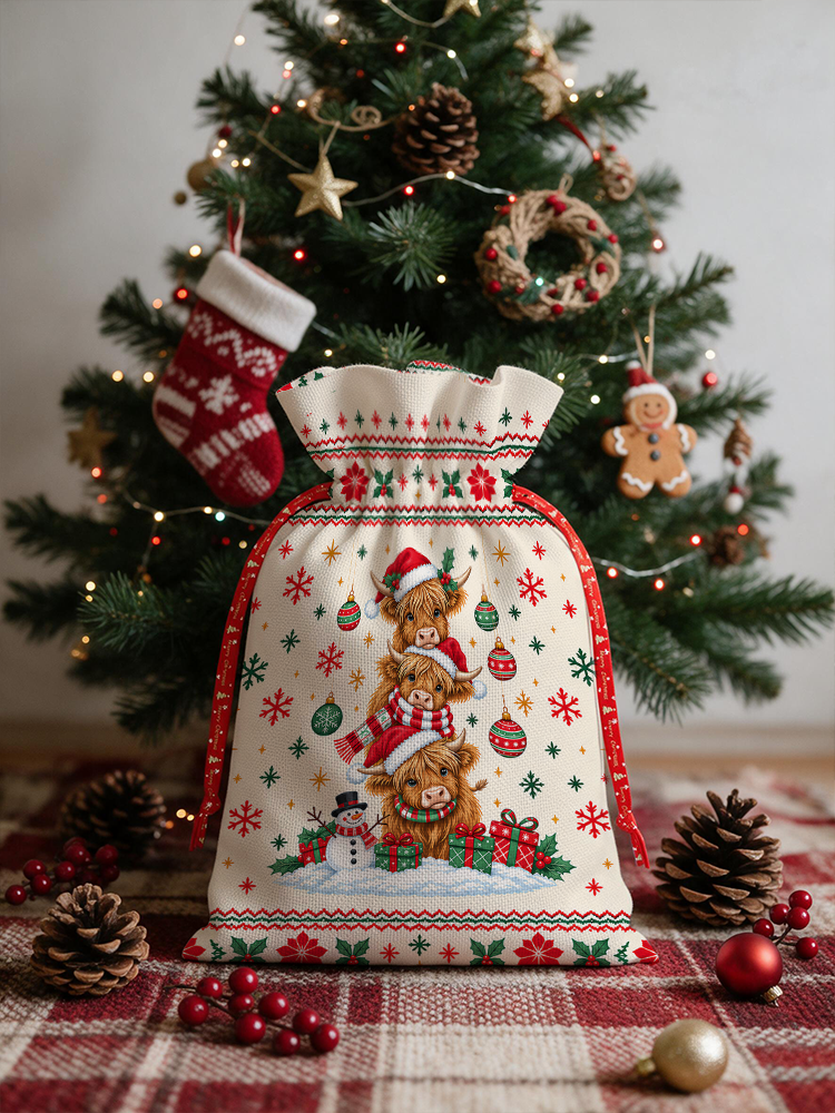 Stacked Highland Cow Christmas Reusable Drawstring Gift Bag