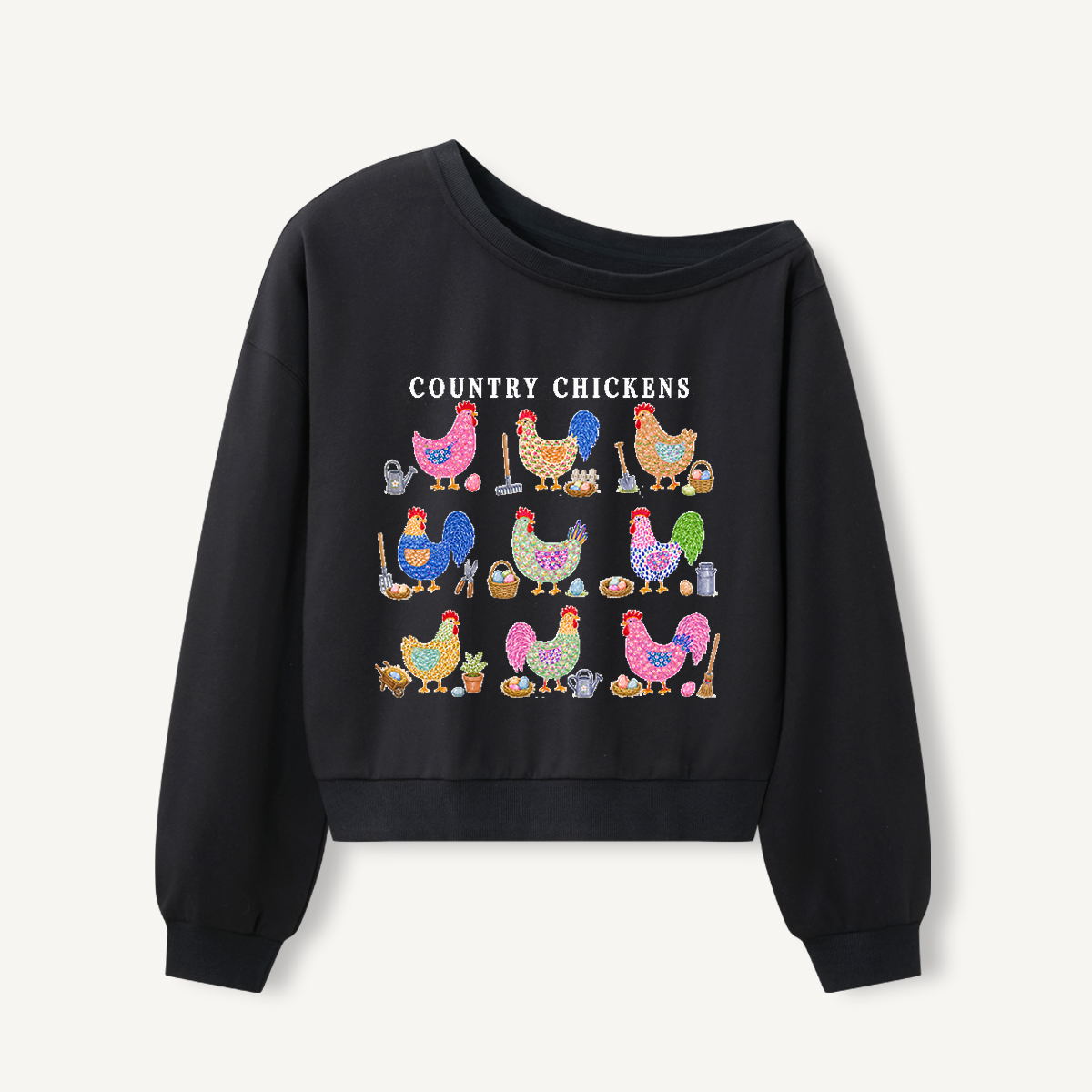 Cottage Chicken Collection Print Off Shoulder Sweatshirts 